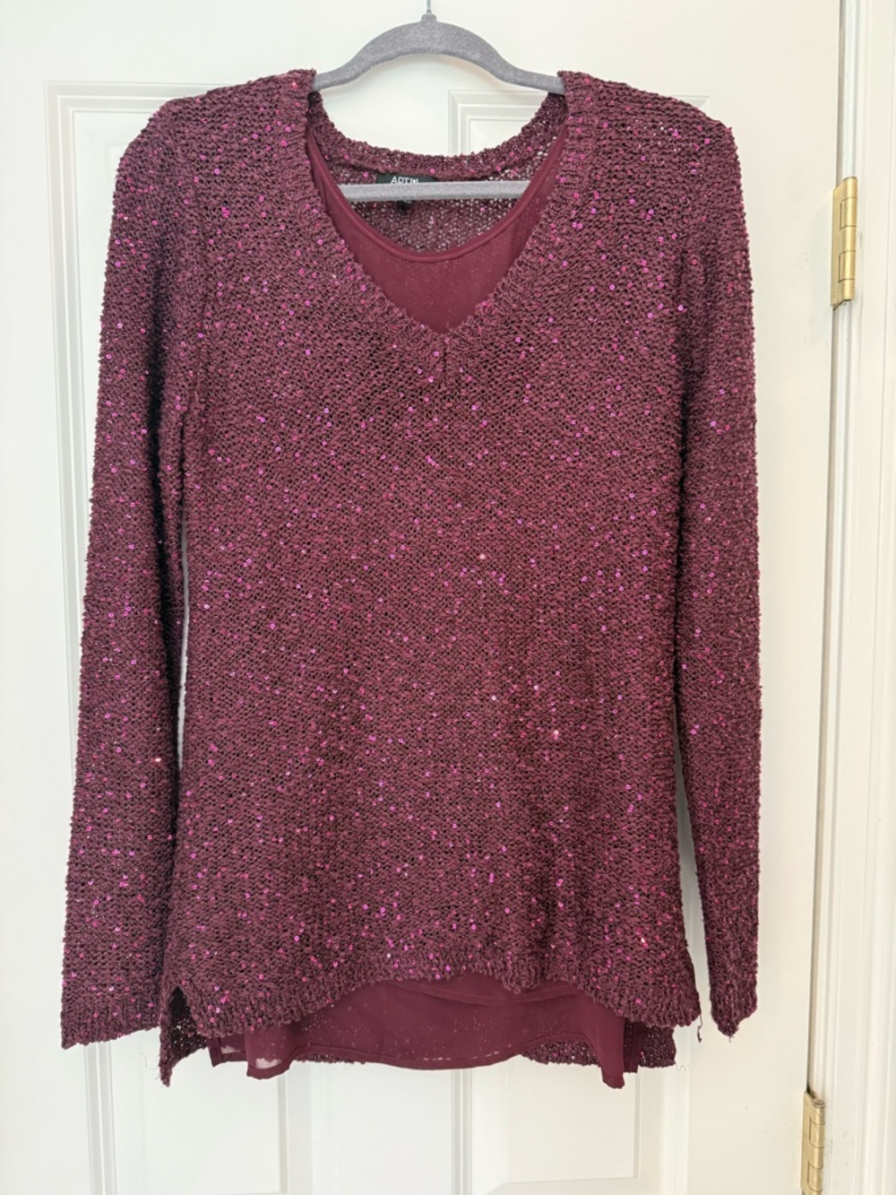 Apt. 9 Maroon Sequin Open-Knit V-Neck Sweater